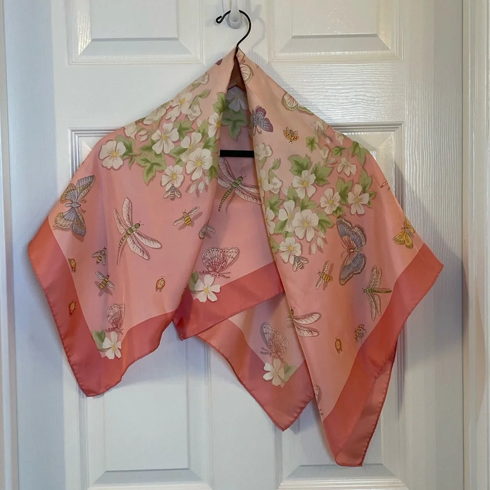 Beautiful scarf - Butterflies, dragonflies, & florals on a pink background